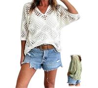 GinnYann Women's Bohemian-Inspired Beige Crochet Top with V-Neck, 2026 Casual Loose Hollow Crochet Tops for Summer Beach (I,S)