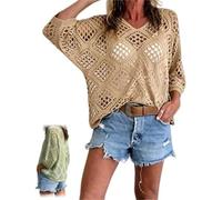 GinnYann Women's Bohemian-Inspired Beige Crochet Top with V-Neck, 2026 Casual Loose Hollow Crochet Tops for Summer Beach (A,S)