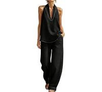 GinnYann Women's Summer 2 Piece Denim Set Backless Halter Vest Top Wide Leg Barrel Jeans Leg Sets Wide Pants Airport Outfit (Black,Lagre)