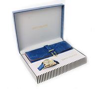 Gino Milano Elegante Reloj de Pulsera para Mujer con Correa de Cuero y Cartera de Tres Pliegues a Juego, Elegante Reloj Dorado con Embrague de Piel, Juego de Cartera Mujer, Azul Vaquero