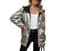 Giolshon Chaqueta cortavientos ligera para mujer Chaqueta de manga larga con cremallera Impermeable para exteriores con capucha K501 Plateado XL