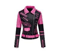 Giolshon Mujer Chaqueta de cuero sintético Remache tachonado Moto Floral Biker Abrigo de solapa corta 0376 Rosa S