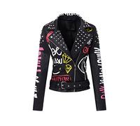 Giolshon Mujer Chaqueta de cuero sintético Remache tachonado Moto Floral Biker Abrigo de solapa corta 0480 Negro XL