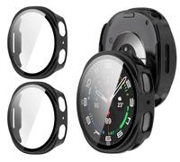 GIOPUEY Cover Compatibile con Samsung Galaxy Watch 9 44mm, [2 Pezzi] Pellicola Protettiva Vetro + Cornice in Plastica Rigida Custodia - Black+Black