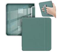 GIOPUEY Funda Compatible con Kobo Libra Colour/Kobo Libra 2, Flip Piel Carcasas, con Correa de Mano, Carcasa Trasera Transparente de PC TPU - Dark Green