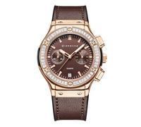 Giordano Reloj analógico de cuarzo con esfera redonda y correa de cuero para mujer, marrón, Correa
