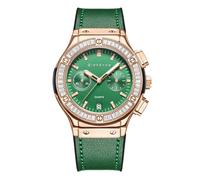 Giordano Reloj analógico de cuarzo con esfera redonda y correa de cuero para mujer, verde, Correa