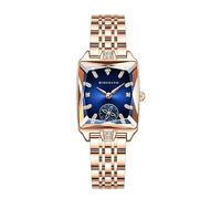 Giordano Reloj analógico para mujer, esfera rectangular, marcadores de hora de cristal y correa de acero inoxidable de oro rosa, azul