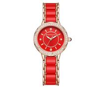 Giordano Reloj de caja de flores para mujer con bisel tachonado de cristal, marcadores de hora de diamante y correa de acero inoxidable de doble tono, rosso
