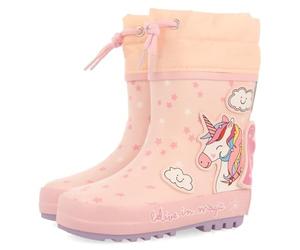 Gioseppo ARRIACH - Botas de Agua para Niña con Parche de Unicornio, Collarín Ajustable de Nylon, Forro y Plantilla Acolchada de Poliester, Suela de Caucho Natural, Color Rosa, Talla 28