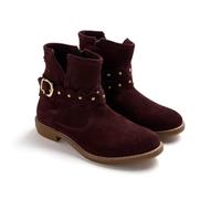 GIOSEPPO Botin bajo para niñas en piel Burdeos con detalle de cinturón de tachas estilo cowboy. Punta redonda y cierre cremallera. Con suela de caucho TPR con altura 2,3 cm y plantilla acolchada.