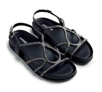 GIOSEPPO EMKOANI - Sandalias Planas de Piel con Pedrería para Mujer, Cierre Ajustable en Tobillo, Planta Anatómica para Comodidad y Suela de TPR Flexible, Color Negro, Talla 36