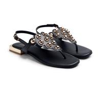GIOSEPPO KADUNA - Sandalias Planas Tipo Griegas de Piel con Detalle de Tachas y Cierres Ajustables, Suela de Caucho Flexible, Color Negro, Talla 39