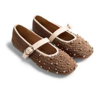 GIOSEPPO MANYONI - Sandalias Planas de Piel con Crochet Hecho a Mano, Detalle de Cuentas Metálicas, Planta Acolchada y Suela Flexible de TPR, Color Marrón, Talla 39
