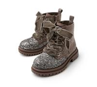 GIOSEPPO, Modelo FINCHLEY, Botas para niña con brillo, pedrería y cordones de terciopelo. Suela tipo track. Cuentan con cremallera en el lateral interno de la caña y plantilla acolchada.