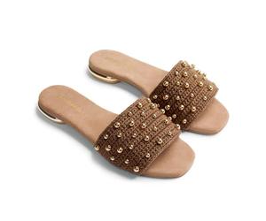 Gioseppo PERRINTON - Sandalias de Crochet Hecho a Mano con Detalle de Cuentas Metálicas para Mujer, Talón Abierto y Planta de Piel, Estilo Casual y Elegante, Color Marrón, Talla 35