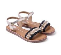 Gioseppo SOLWAY - Sandalias de Piel Metalizada con Adorno de Perlas y Pedrería, Detalles de Trenzado Bicolor, Cierre Ajustable en Tobillo y Suela Flexible de TPR, Color Oro, Talla 28