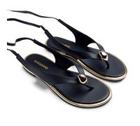 Gioseppo WAMBA - Sandalias Planas Tipo Griegas de Piel con Joya y Cerco Metalizado en Acabado Oro para Mujer, Comodidad y Estilo, Cierre Ajustable en el Tobillo, Color Negro, Talla 41