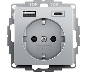Gira 245926 - Toma de corriente Schuko con conector USB, protección táctil, 2 enchufes tipo A (máx. 2,4 A), tipo C (máx. 3 A), sistema 55 de aluminio, empotrable, con protección de contacto, enchufe