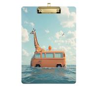 Giraffe Driving A Van - Portapapeles acrílico para enfermeras y oficina, tablero de clip de plástico con clip de perfil bajo, gancho para colgar, tablero de escritura de PVC transparente, dorado, 12.5