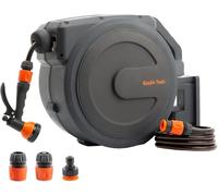Giraffe Tools Carrete de manguera de admisión automática 25m + 2 m montado | Manguera de jardín, carrete de manguera, giratorio 180°, bloqueo de longitud arbitraria, 7 cartuchos de pulverización