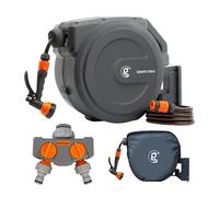 Giraffe Tools Kit de carrete de manguera de jardín con divisor de grifo y cubierta, manguera retráctil de 30 m