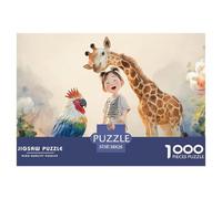 Giraffe with Friend 1000 Pcs Ökopapier Puzzle Dreamlike Giraffe Chicken and Parrot Lebendige Bilder Familienspiel Puzzles Für Erwachsene Und Kinder 38x26cm/1000pcs