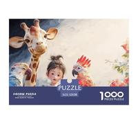 Giraffe with Friend 1000 Pcs Premium-Karton Puzzle Dreamlike Giraffe Chicken and Parrot Lebendige Bilder Familienspiel Puzzles Für Erwachsene Und Kinder 52x38cm/1000pcs