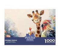 Giraffe with Friend 1000 Stück Premium-Karton Puzzle Dreamlike Giraffe Chicken and Parrot Lebendige Bilder Kreatives Spiel Puzzles Als Geburtstagsgeschenke 38x26cm/1000pcs