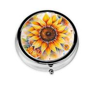 Girasol amarillo en aceite. Este pequeño pastillero redondo de viaje de tres compartimentos es perfecto para almacenar medicamentos diarios, vitaminas y sobre la marcha.