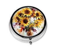 Girasol de pintura al óleo. Este pequeño pastillero redondo es un organizador portátil de medicamentos de viaje con tres compartimentos para almacenar medicamentos diarios.