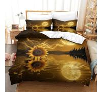 Girasol Dorado Edredón Impreso En 3D con Funda De Almohada Luna Llena Juego De 3 Piezas De Ropa De Cama con Cremallera Oculta Microfibra Muy Suave Single（140x200cm）