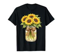 Girasol en Tarro de albañil Estampado de Leopardo Floral Verano Damas Camiseta