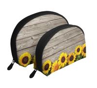 Girasol sobre Madera rústica, Bolsa de Maquillaje de Concha, Monedero pequeño para Mujer, Bolsa de artículos de tocador, Bolsa de cosméticos, 2 Piezas