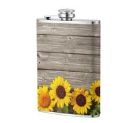 Girasol sobre madera rústica,Frasco de acero inoxidable 304 de 8 oz con funda de cuero sintético, frasco de bolsillo para licor plano para exteriores