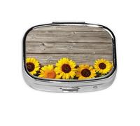 Girasol sobre madera rústica, Pastillero cuadrado para bolsillo o monedero, pequeño contenedor de pastillas, organizador de pastillas de viaje