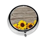 Girasol sobre madera rústica, Pastillero, Pastillero redondo Pequeño contenedor de pastillas Organizador de pastillas de viaje
