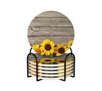 Girasol sobre Madera rústica,Posavasos Redondos de cerámica, Almohadilla para Tazas, Juego de 6 Posavasos para Bebidas