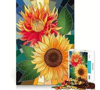 Girasol Vibrante y Dalia en vidriera Rompecabezas de 1000 Piezas Juego de concentración Mental Corte de precisión Bordes Suaves Juego para Construir Conexiones significativas (50x75cm)