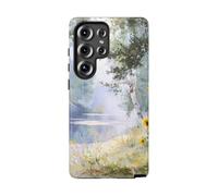 Girasoles amarillos junto a un lago del bosque, funda resistente mate, compatible con Samsung Galaxy S25 Ultra