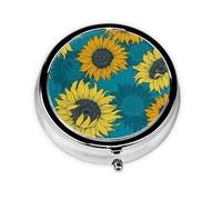 Girasoles amarillos sobre fondo azul, Pastillero, Pastillero redondo Pequeño contenedor de pastillas Organizador de pastillas de viaje