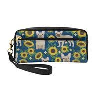 Girasoles Bulldog Francés, Bolsa de Maquillaje Bolsa de cosméticos Bolsa de Aseo de Viaje portátil Estuche de Cuero para Mujeres y niñas