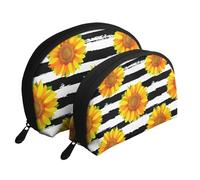 Girasoles sobre Fondo de Rayas Blancas y Negras, Bolsa de Maquillaje de Concha, Monedero pequeño para Mujer, Bolsa de artículos de tocador, Bolsa de cosméticos, 2 Piezas
