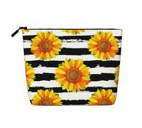 Girasoles sobre Fondo de Rayas Blancas y Negras,Neceser de Maquillaje de imitación Lino, Neceser de Viaje portátil