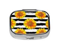 Girasoles sobre fondo de rayas blancas y negras, Pastillero cuadrado para bolsillo o monedero, pequeño contenedor de pastillas, organizador de pastillas de viaje