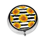 Girasoles sobre fondo de rayas blancas y negras, Pastillero, Pastillero redondo Pequeño contenedor de pastillas Organizador de pastillas de viaje