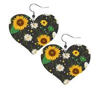 Girasoles y flores de manzanilla blanca Pendientes de cuero en forma de corazón Mujeres Niñas Pendientes colgantes simples Regalos para ella