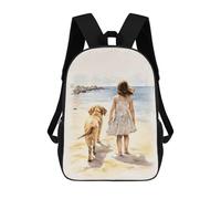 Girl And Lab on Beach Mochilas Impresas En 3D Para Niños 17inch Mochilas De Moda Informales Para El Día A Día, Bolsas De Viaje, Mochilas Informales Para Exteriores Para Niños Y Niñas
