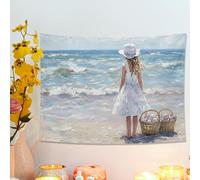 Girl by the Sea Tapiz, vestido blanco para colgar en la pared, estética de playa de verano para dormitorio, sala de estar, dormitorio, 48 x 36 pulgadas