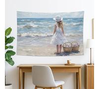 Girl by the Sea Tapiz, vestido blanco para colgar en la pared, estética de playa de verano para dormitorio, sala de estar, dormitorio, 60 x 50 pulgadas